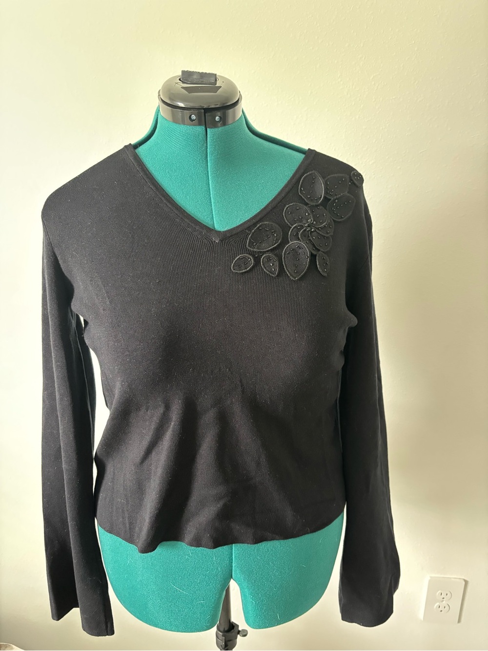 Black V-Neck Long-Sleeve Top with Shoulder Appliqué